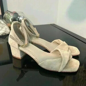 J Mclaughlin Krissa Suede Sandal Womens Striped Size 7 Beige/Gray (2'' Heel)